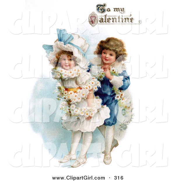 Clip Art of a Sweet Vintage Valentine of a Boy Wrapping His Girlfriend in a White Daisy Flower Garland with "To My Valentine" Text, Circa 1890