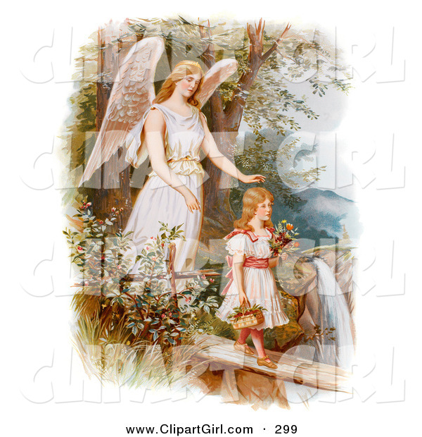 Clip Art of a Sweet Vintage Valentine of a Female Guardian Angel Looking over a Little Girl As She Carries Flowers and a Basket Across a Log over a Cliff and River, Circa 1890