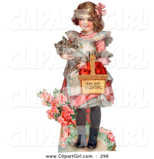 Clip Art of a Sweet Vintage Valentine of a Little Girl Carrying a Basket of Red Hearts and a Cat in Her Arms, Walking in a Flower Garden, Circa 1885