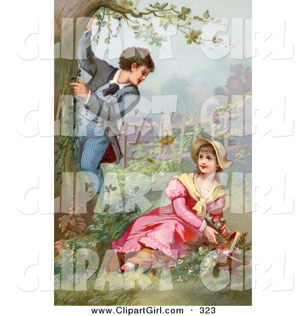 Clip Art of a Sweet Vintage Victorian Scene of a Little Boy Climbing a Tree While Showing off for a Girl As She Picks Flowers in a Garden, Circa 1890