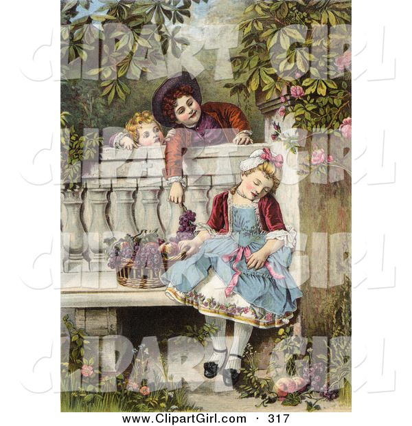Clip Art of a Sweet Vintage Victorian Scene of Little Boys Flirting and Teasing a Little Girl Asleep on a Garden Bench with a Basket of Fruit, Circa 1850