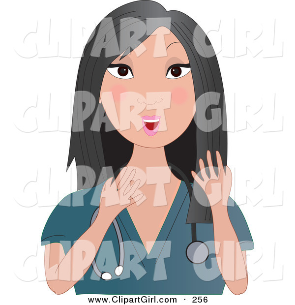 Clip Art of a Talkative Asian Doctor Woman, Nurse or Veterinarian with Long Black Hair, Wearing Teal Scrubs and a Stethoscope Around Her Neck, Gesturing with Her Hands