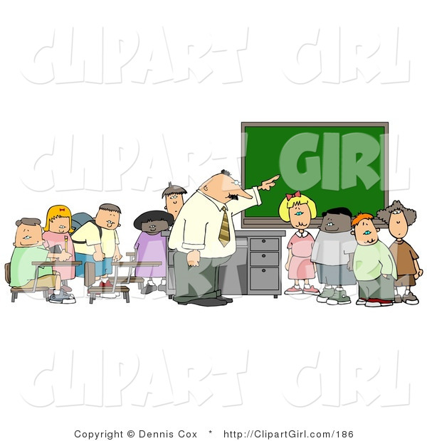 Clip Art of a Teacher and His Elementary Students in Classroom
