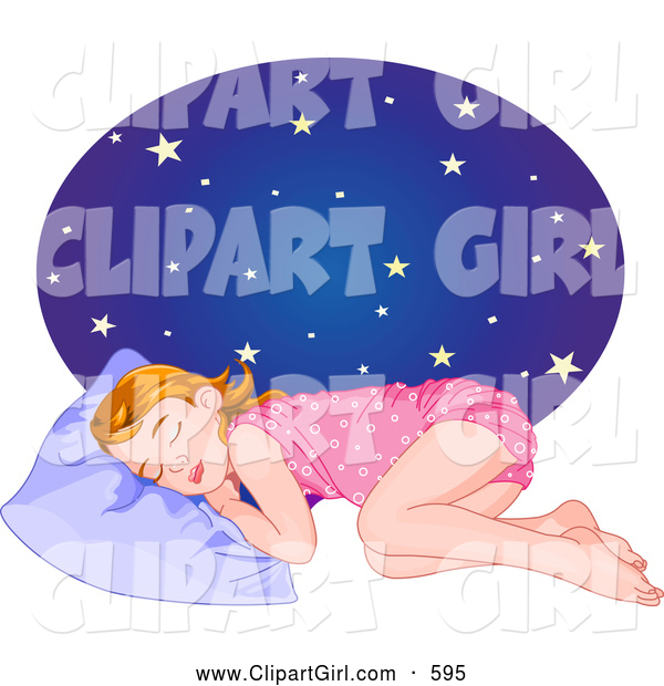 Clip Art of a Tired Little Girl in Her Pajamas, Sleeping at a Starry Night