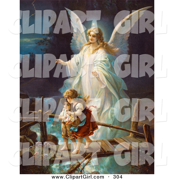 Clip Art of a Touching Vintage Valentine of a Female Guardian Angel Protecting a Little Girl and Her Brother As They Cross over a River on a Narrow Broken Bridge, Circa 1890