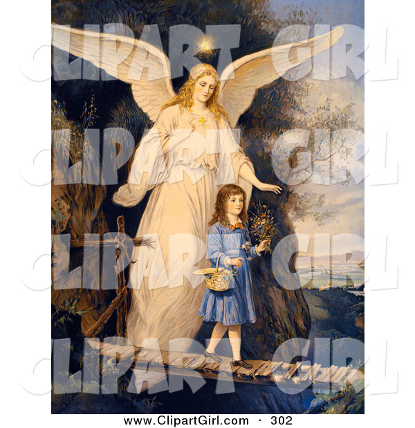 Clip Art of a Touching Vintage Valentine of a Female Guardian Angel Protecting a Little Girl As She Crosses a Gorge on a Narrow Bridge, Carrying a Basket and Flowers, Circa 1890