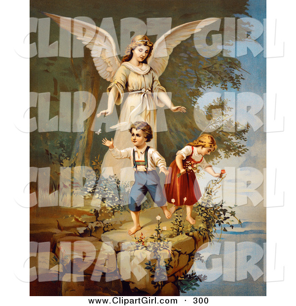 Clip Art of a Touching Vintage Valentine of a Female Guardian Angel Watching over a Little Boy and Girl As They Pick Flowers and Chase Butterflies at the Edge of a Cliff, Circa 1890