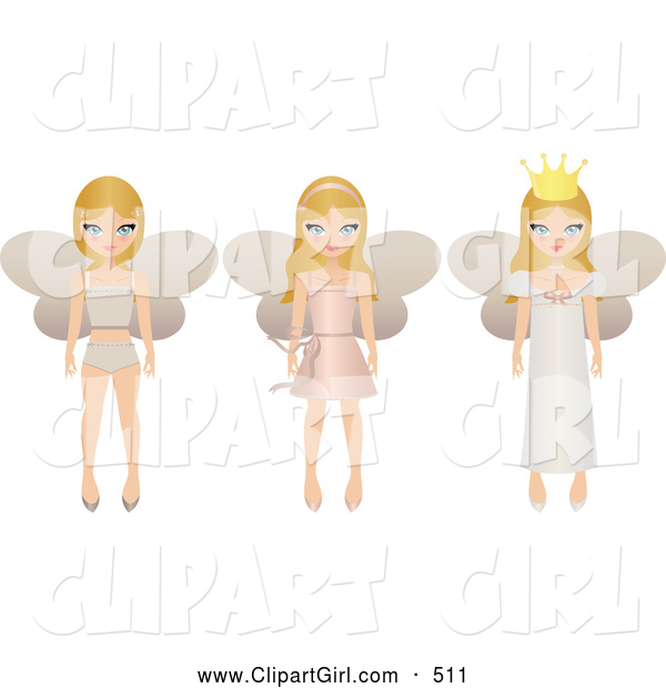 Clip Art of a Trio of Blond Fairy Princesses with Wings, One in Undergarments, One in a Short Dress and One in a Long Gown