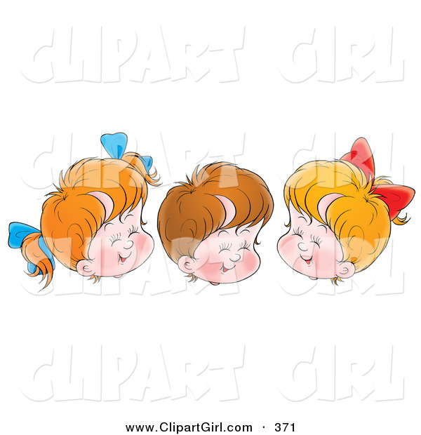 Clip Art of a Trio of Cheerful Children, Two Girls and One Boy, Giggling with Their Eyes Closed