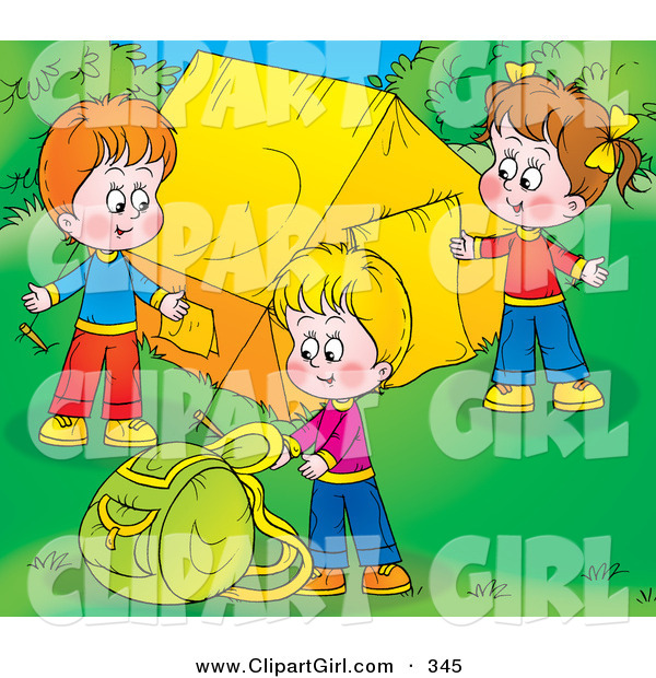 Clip Art of a Trio of Happy Children Setting up Their Camp Site