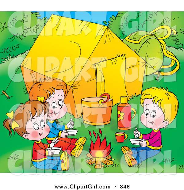 Clip Art of a Trio of Happy Children Warming up by a Campfire near Their Tent