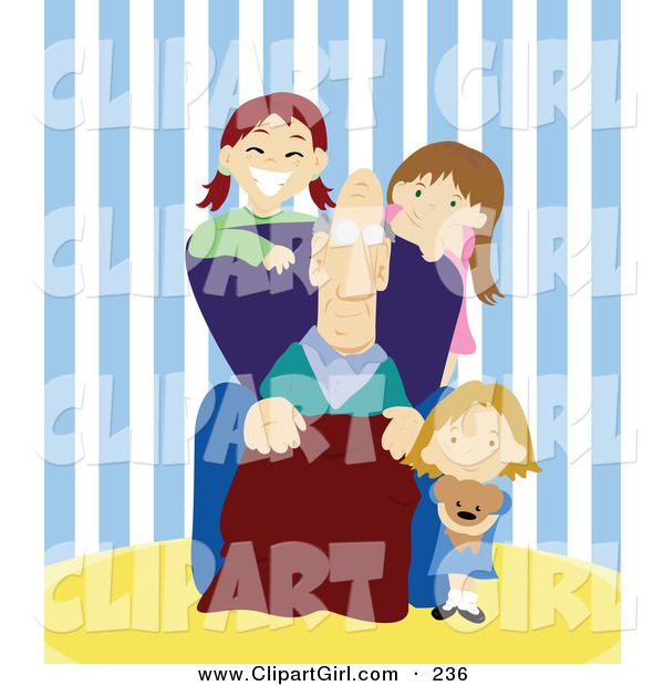 Clip Art of a Trio of Smiling Girls, Grand Children, Spending Time with Their Grandpa