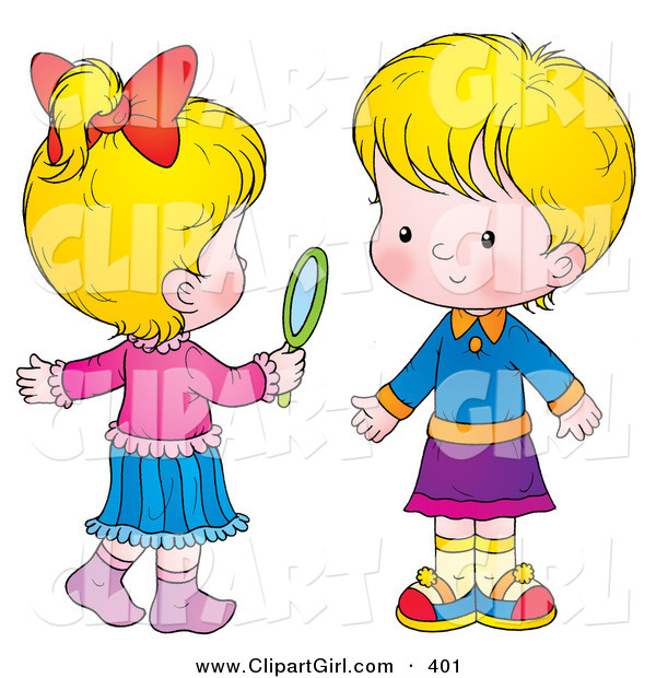 Clip Art of a Two Little Blond Girls in Skirts, One Holding a Hand Mirror