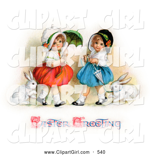 Clip Art of a Two Sisters Walking Their Pet Rabbits on Leashes and Carrying Parasols on Easter
