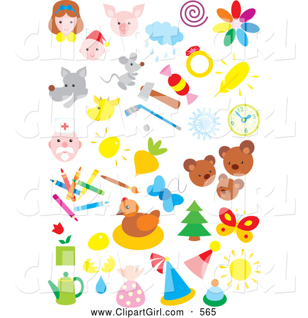 Clip Art of a Various Colorful Icons of People, Animals, Weather, Sports, and Art