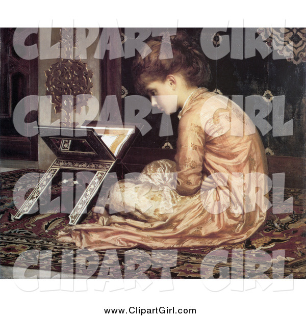 Clip Art of a Vintage Girl Sitting on a Carpet, Reading a Book at a Reading Desk by Frederic Lord Leighton