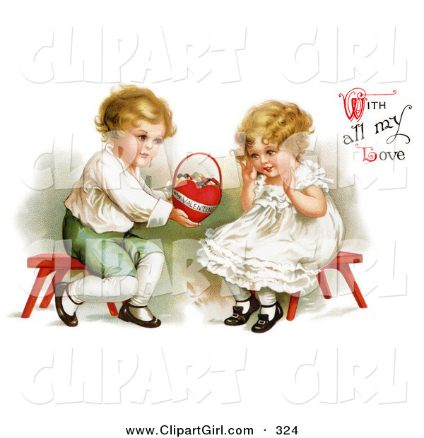 Clip Art of a Vintage Victorian Scene of a Sweet Little Blond Boy Sitting on a Red Stool, Holding out a Basket of Candy to a Girl and "With All My Love" Text, by Ellen H. Clapsaddle, Circa 1912