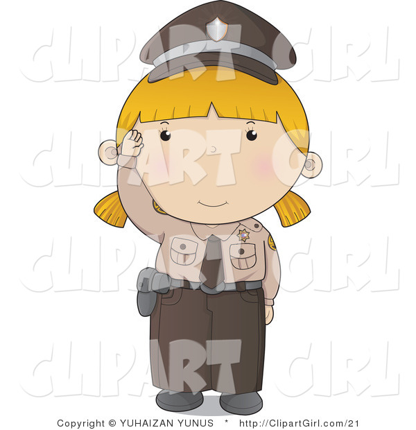 Clip Art of a Waving Blond Police Woman in a Brown Uniform