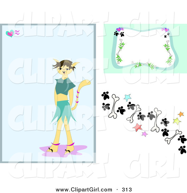 Clip Art of a Website Computer Design Set of Backgrounds of a Morph Cat Girl Background with a Frame and Border Design of Paw Prints, Stars and Bones