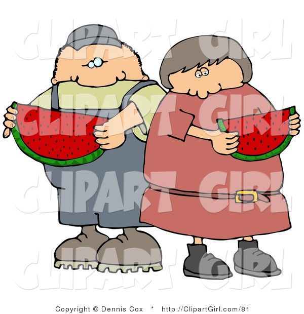 Clip Art of a White Boy or Man Eating a Juicy Red Slice of Watermelon with His Sister, Friend or Wife on a Hot Summer Day