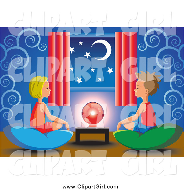 Clip Art of a White Little Boy and Girl Sitting on Pillows Around a Crystal Ball