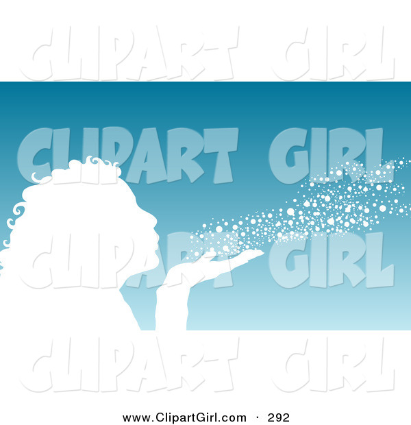 Clip Art of a White Silhouetted Woman or Girl Blowing Snow out of Her Hand over a Gradient Blue Winter Background