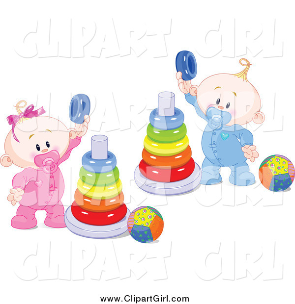 Clip Art of a White Twin Baby Boy and Girl Playing with Ring Pyramids