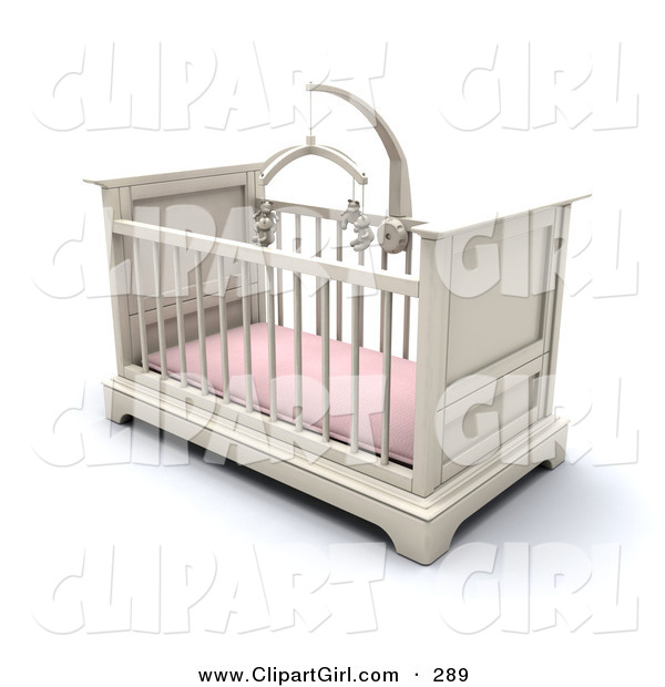 Clip Art of a White Wooden Girl's Baby Crib in a Nursery with a Pink Pad and Teddy Bear Mobile