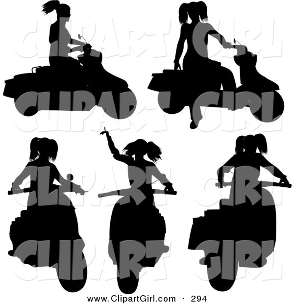 Clip Art of a Woman on a Scooter in Five Different Poses, Silhouetted on Solid White