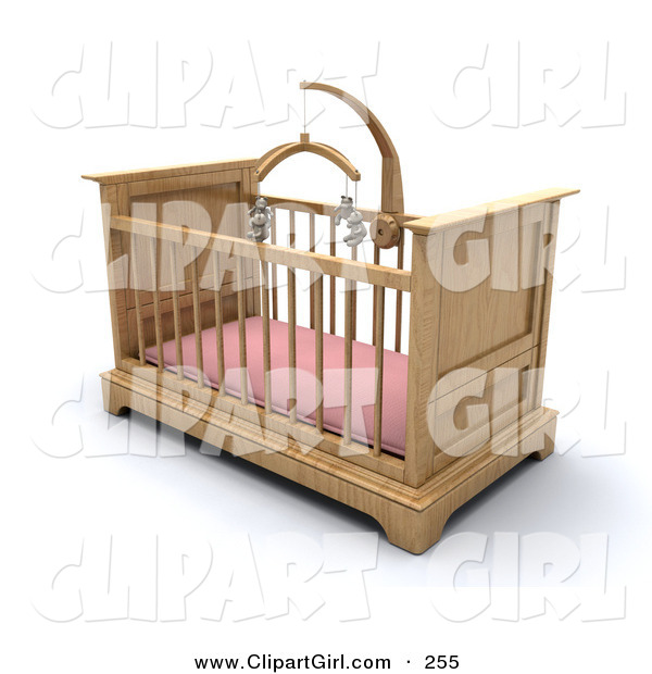 Clip Art of a Wood Girl's Baby Crib in a Nursery with a Pink Pad and Teddy Bear Mobile