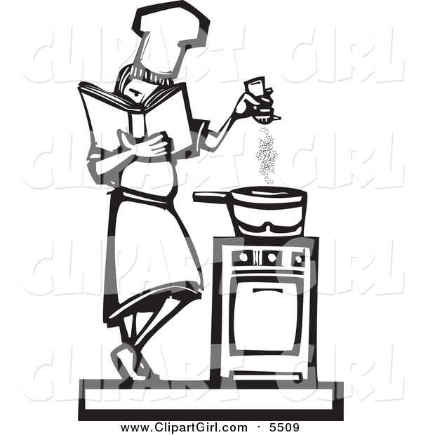 Clip Art of a Woodcut Styled Baker Girl Seasoning Food