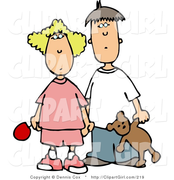 Clip Art of a Worried Brother and Sister Holding Hands, Looking Forward