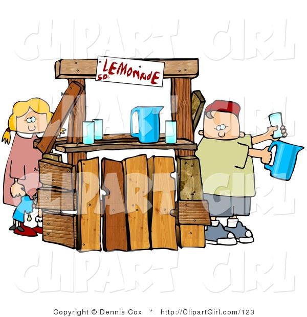 Clip Art of a Young Boy and Girl, Brother and Sister, Selling Beverages at a Lemonade Stand