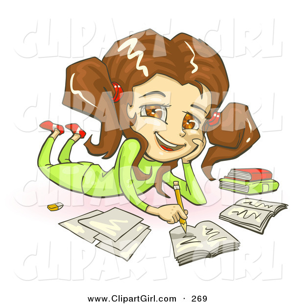 Clip Art of ACute Smiling Brunette, Brown Eyed School Girl in Green Clothes, Laying on Her Belly and Doing Homework for School