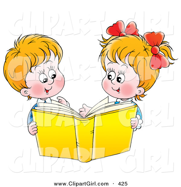Clip Art of AHappy Twin Brother and Sister Reading a Yellow Book Together