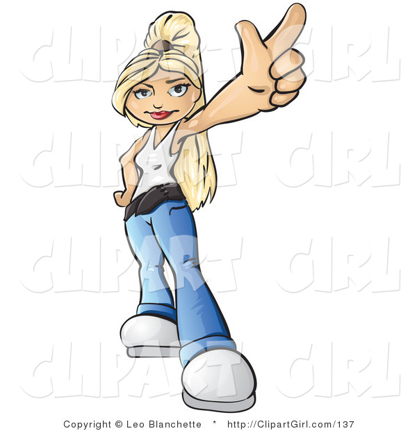 Clip Art of an Attractive Blonde Teenage Girl in a White Tank Top and Blue Jeans, with One Hand on Her Hip and Using the Other Hand to Flash a Peace Sign Gesture