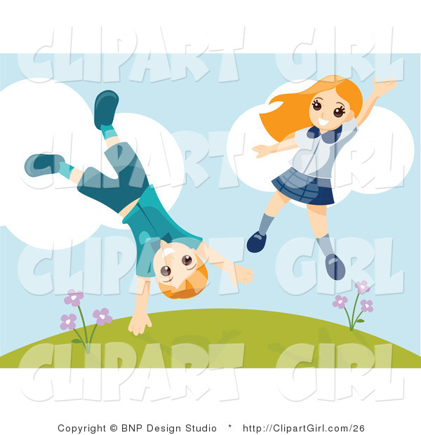 Clip Art of an Energetic Boy and Girl Jumping and Doing Cartwheels on a Hillside