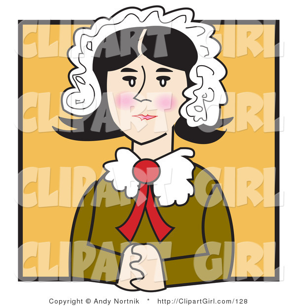 Clip Art of an Old Fashioned Quaker Woman with Flushed Cheeks, Wearing a Bonnet in Her Hair, Seated with Her Hands Clasped in Front of Her