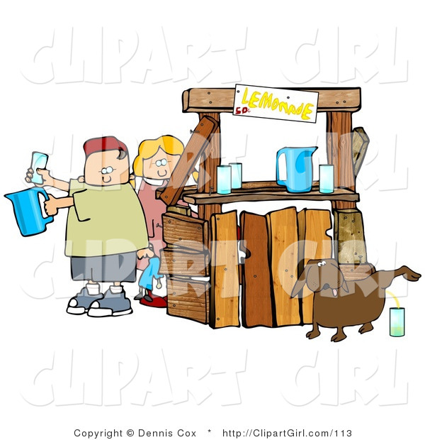 Clip Art of an Unaware Boy and Girl Preparing Drinks at Their Lemonade Stand While Their Dog Urinates in a Cup for an Unsuspecting Customer