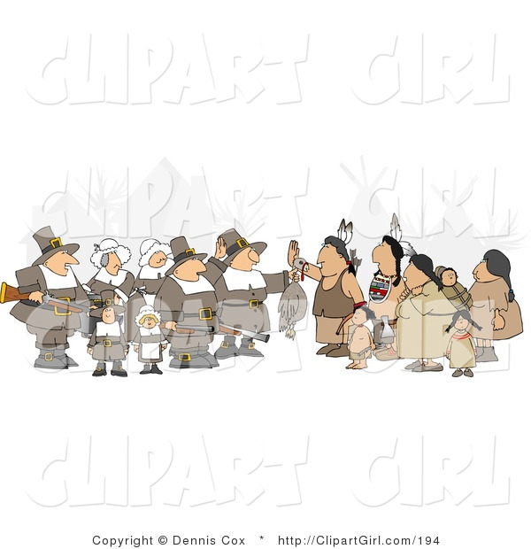 Clip Art of an Unpredictable Group of Pilgrims Holding a Dead Turkey As a Sign of Thanksgiving to the Native Americans