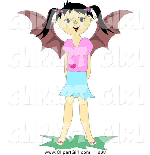 Clip Art of AnFriendly Girl with Pig Tails and Bat Wings Smiling