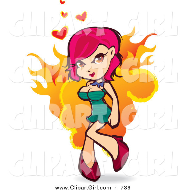 Clip Art of ASexy Pink Haired White Woman in a Tight Green Dress and High Heels, Flaming with Hearts