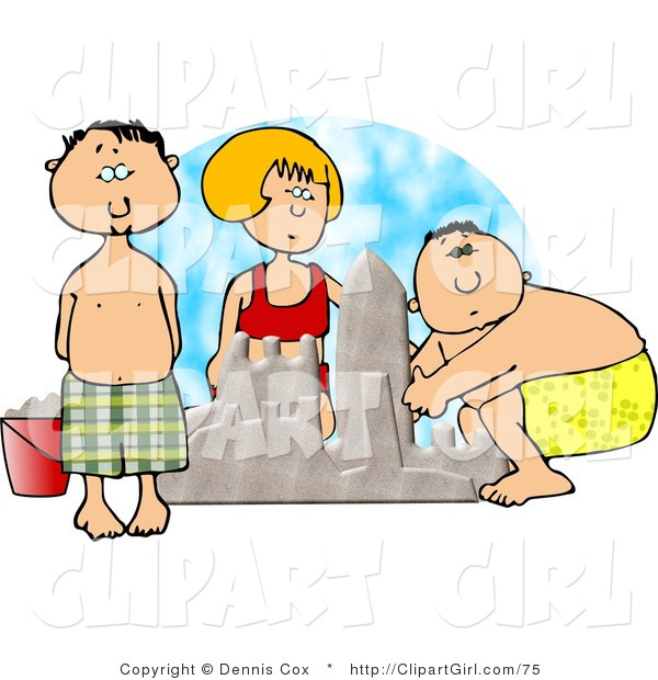 Clip Art of Boys and Girl Building a Sand Castle at the Beach in Summertime