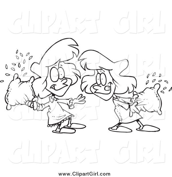 Clip Art of Cartoon Black and White Girls Having a Pillow Fight