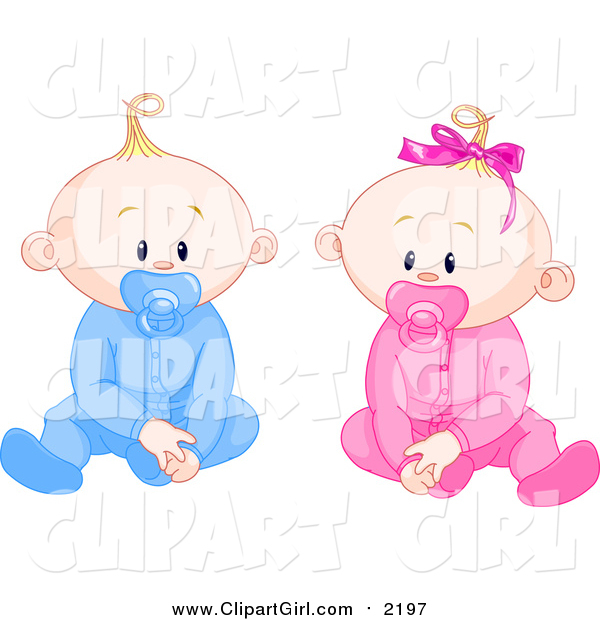 Clip Art of Caucasian Boy and Girl Baby Twins with Pacifiers, Sitting up and Facing Front
