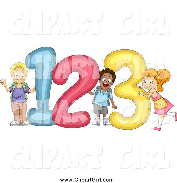 Clip Art of Cute Diverse School Children with 123 Numbers