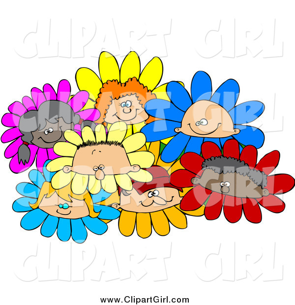 Clip Art of Diverse Children in Flowers