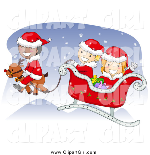 Clip Art of Diverse Christmas Kids Flying Santas Sleigh