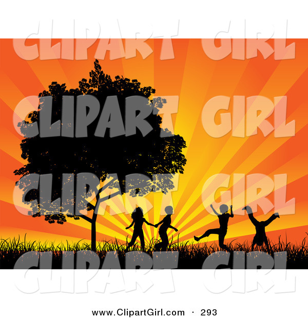 Clip Art of Four Black Silhouetted Children Running, Holding Hands and Doing Somersaults in a Field near a Tree, Against a Bursting Orange Sunset