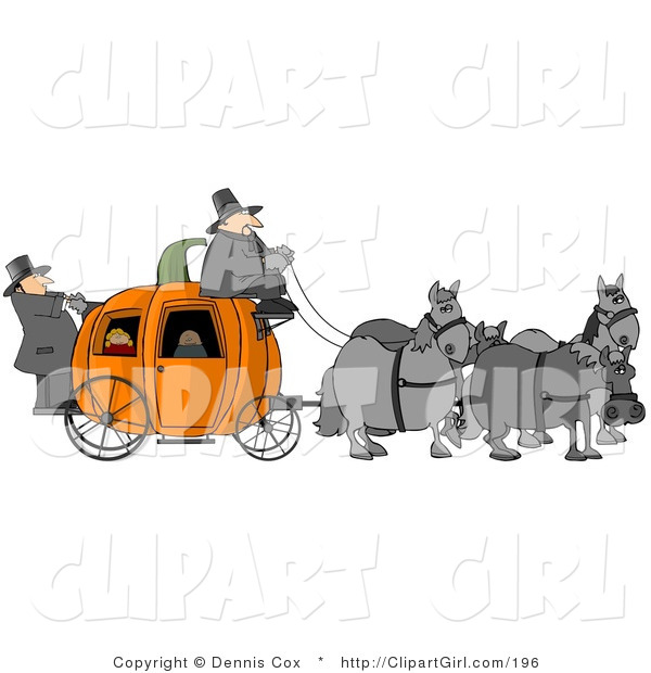 Clip Art of Gray Horses Pulling People on a Pumpkin Carriage